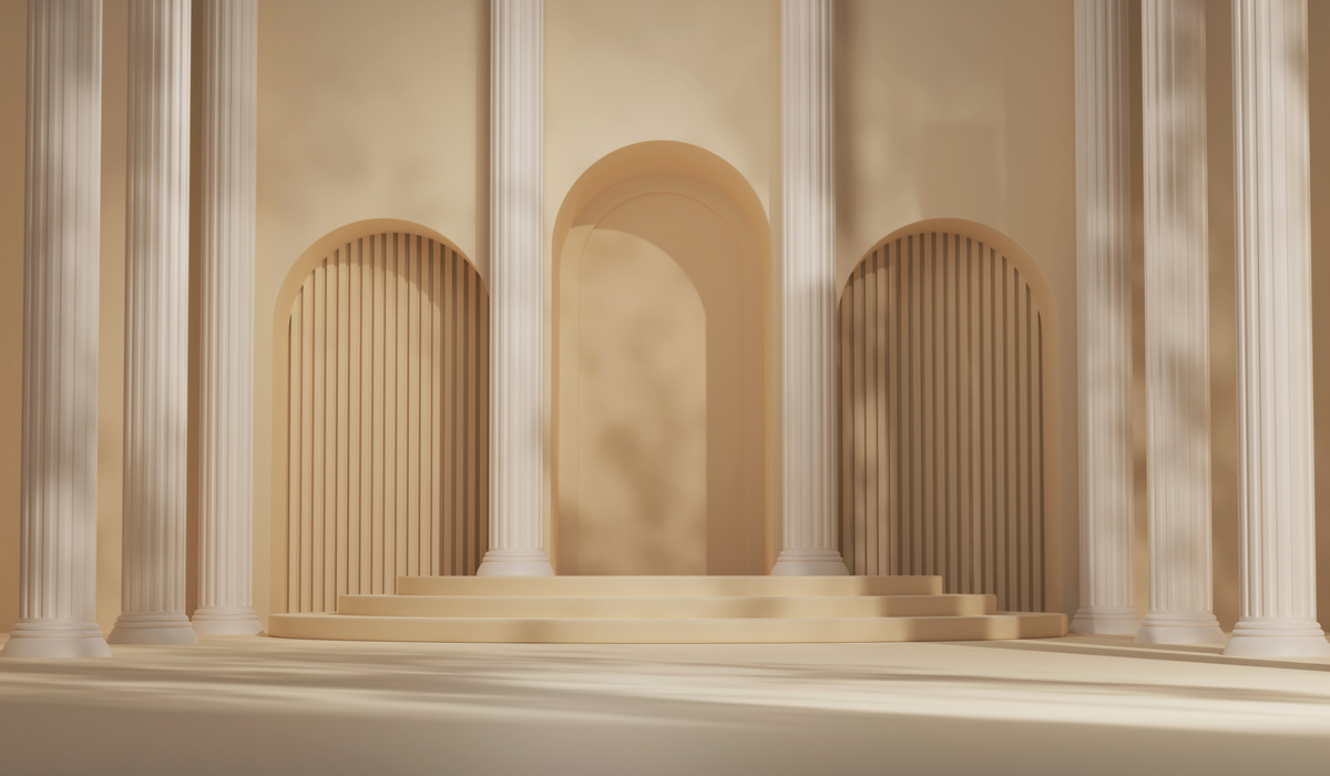 Elegant Ancient Greek Pillar Podiums on Cream Background.